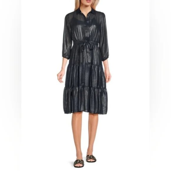 Nanette Lepore Sheer Button Front Midi Dress - Shimmery Metalic Navy - Size 8 - Picture 1 of 12